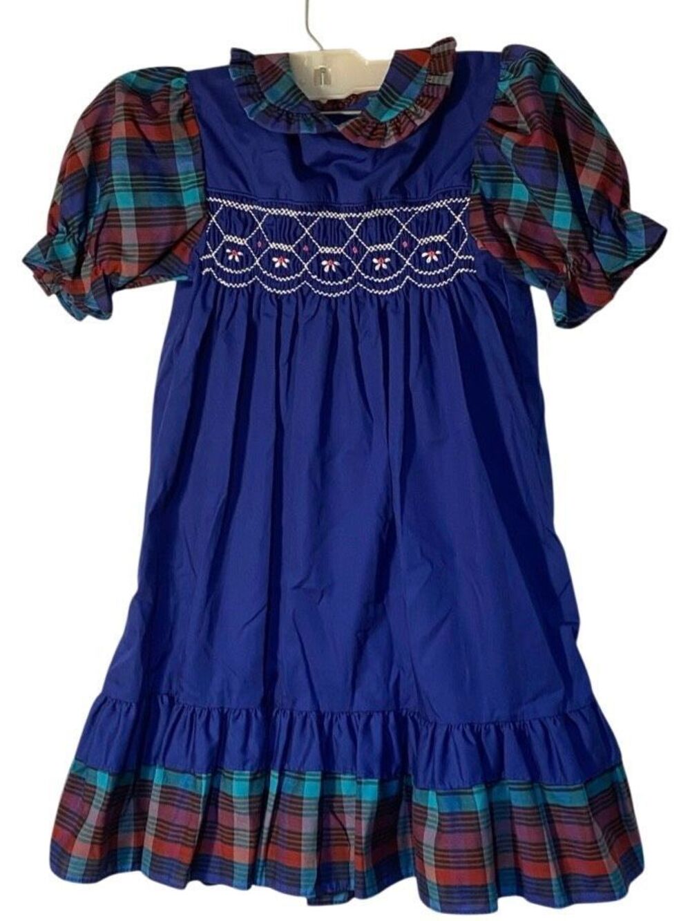 VTG polly Flanders 80s hand smocked blue plaid little girls dress 6X
